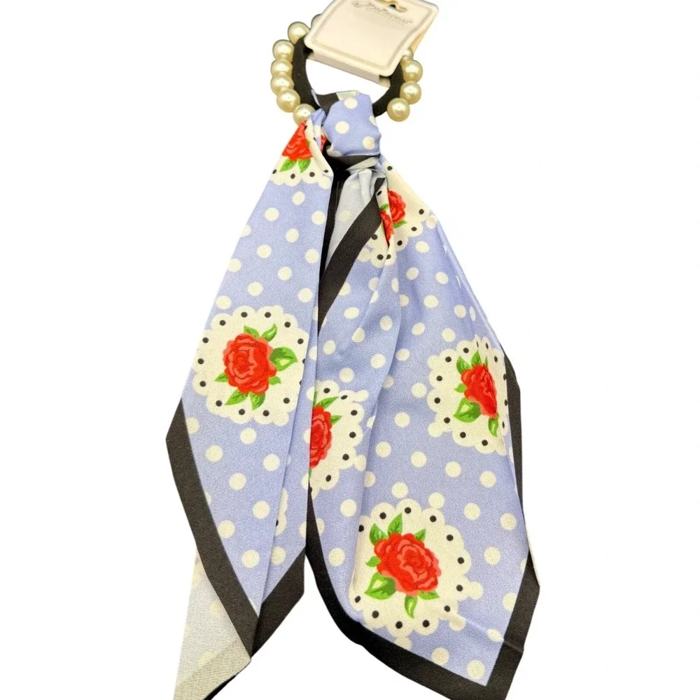 Blue Floral Polka Dot Scarf Hair Tie with Faux Pearl Bead Elastic Band New
